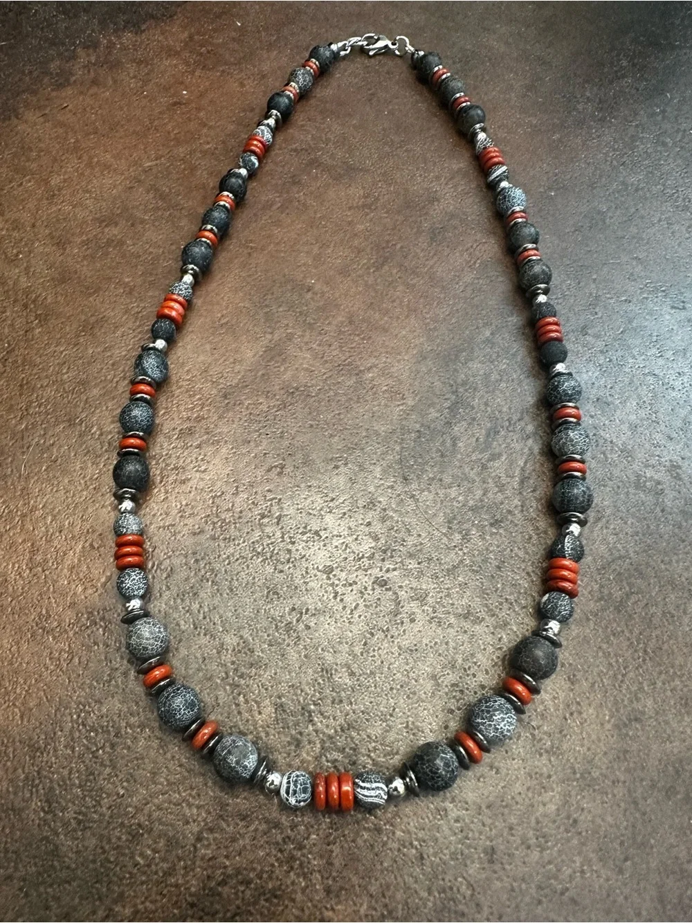 Textured Gray and Brown Bead Unisex Necklace